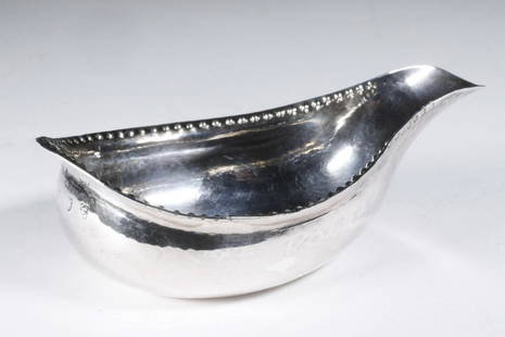 HESTER BATEMAN SILVER PAP BOAT: English George III Period Sterling Silver Pap Boat by Hester Bateman, hallmarked for London, 1781, with beaded rim, 'HR' monogram, 1 1/2" high, 5" x 2 3/4", 2.00 ozt. Good condition.