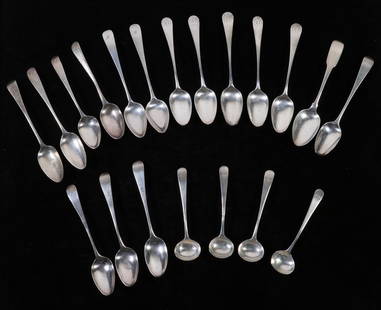 (20) EARLY ENGLISH SILVER SPOONS: Collection of (20) English 18th and 19th c. Sterling Silver Demitasse and Salt Spoons, including three by Hester Bateman, most monogrammed, 7.89 ozt tw. Good condition.