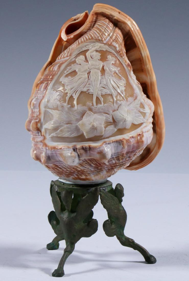 CAMEO CARVED CONCH SHELL ON BRASS STAND (1 of 4)