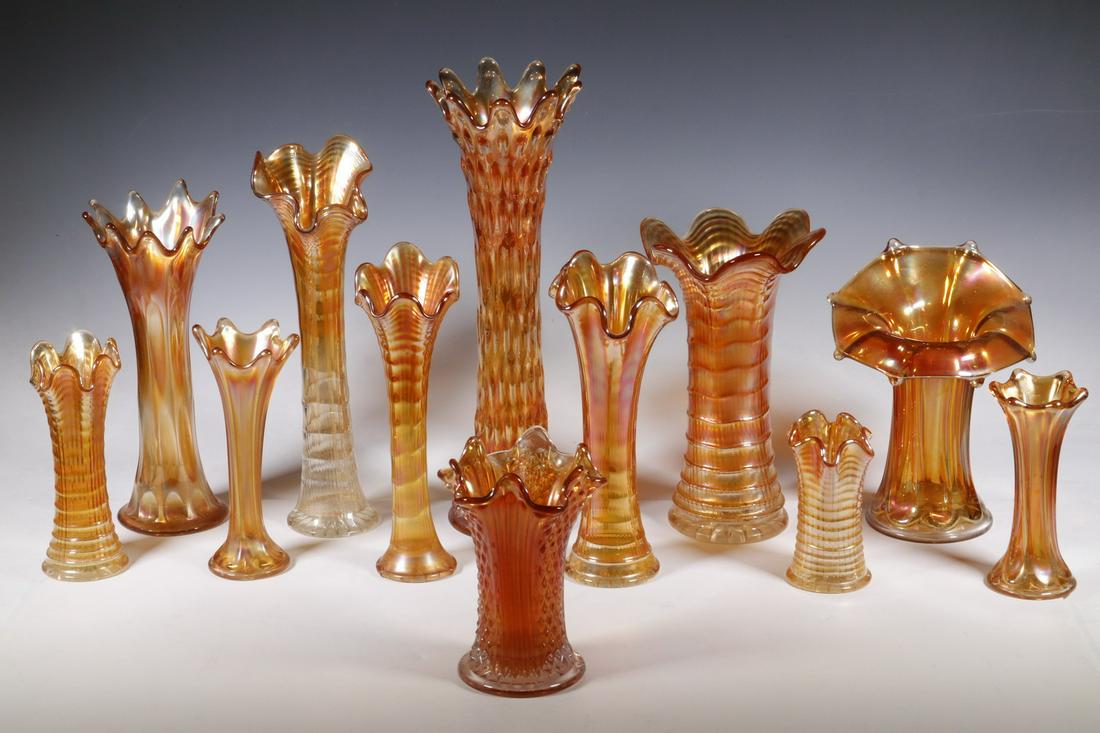 (12) MARIGOLD CARNIVAL GLASS VASES (1 of 1)