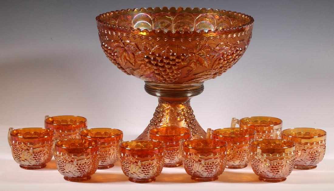 (13 PC) "IMPERIAL GRAPE" MARIGOLD CARNIVAL GLASS PUNCH (1 of 2)