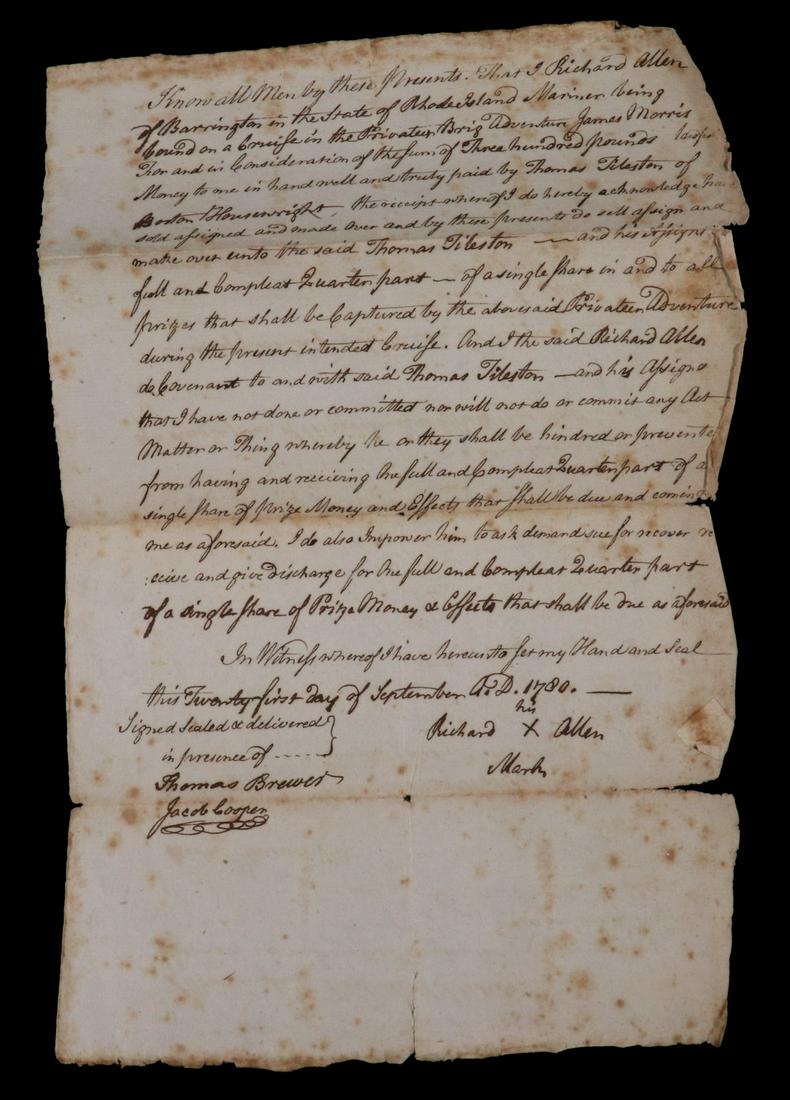 TILESTON'S SHARE OF REVOLUTIONARY WAR PRIVATEER BOOTY: Purchase by Thomas Tileston, Sr. from Richard Allen of Barrington, Rhode Island, of a quarter part of a single share in prize money from the "Privateer Adventure", for 300 pounds, dated Sept 22, 1780.