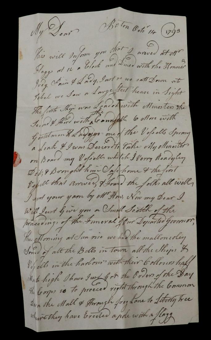THOS. TILESTON'S ACCOUNT OF MASS GOV JOHN HANCOCK'S: Letter from Thomas Tileston, Sr. to his wife Lucy in Marlborough, an account of the Governor's funeral, dated Oct 14, 1793. Hancock had died on Oct 8th, aged 56. Story begins with arrival of British r