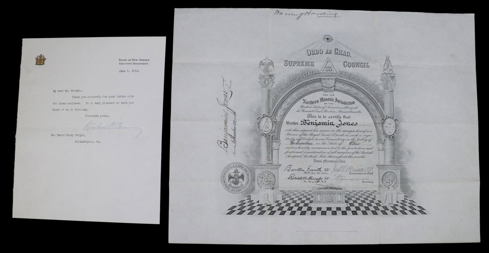 (2) PRESIDENTIAL AUTOGRAPHED DOCUMENTS: WILSON &: Including: Presidential Document signed "Warren G. Harding", November 21, 1919 Masonic Certificate, countersigned by Grandmaster and Secretary of Boston; PLUS TLS from Woodrow Wilson, as Governor of N