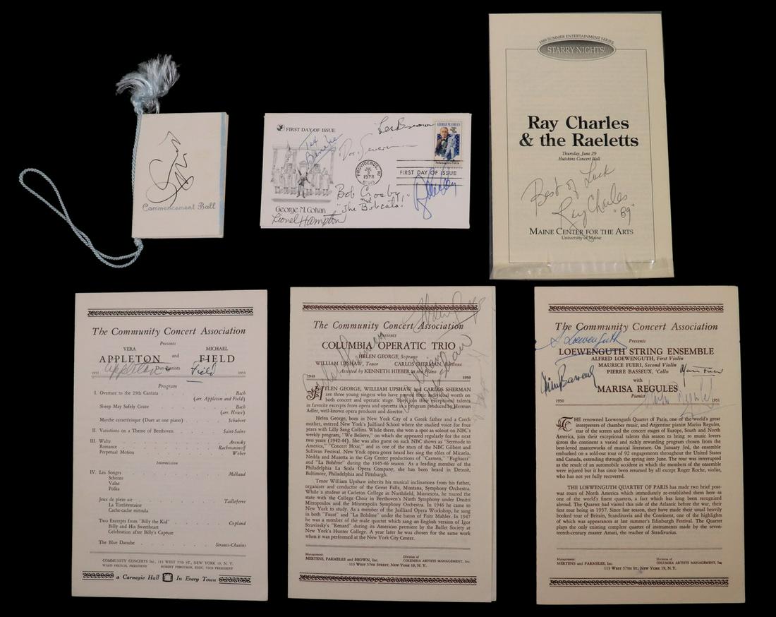 COLLECTION OF MUSICIANS AUTOGRAPHS: Including: Program signed by RAY CHARLES; Program & Photo signed by LEONTYNE PRICE; Program signed by LIZA MINELLI; 8x10 signed photo of RUDY VALLEE; magazine photo signed by GENE AUTRY; 8x10 photo si