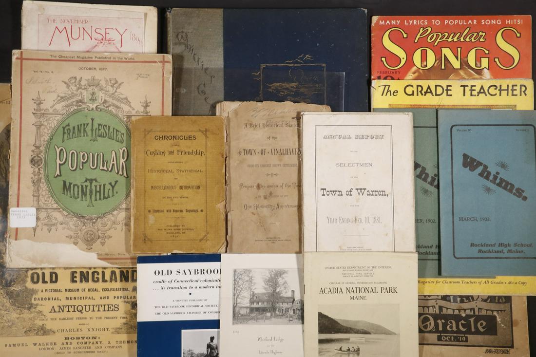 (20) EARLY PERIODICALS, TOWN REPORTS, FOLIOS: Early Histories of Vinalhaven, Cushing and Friendship, Warren; 1902 Rockland High School "Whims; US Circular Acadia National Park; 1919 Bangor HS Oracle; Popular Song; Old English Antiquities; Winter 