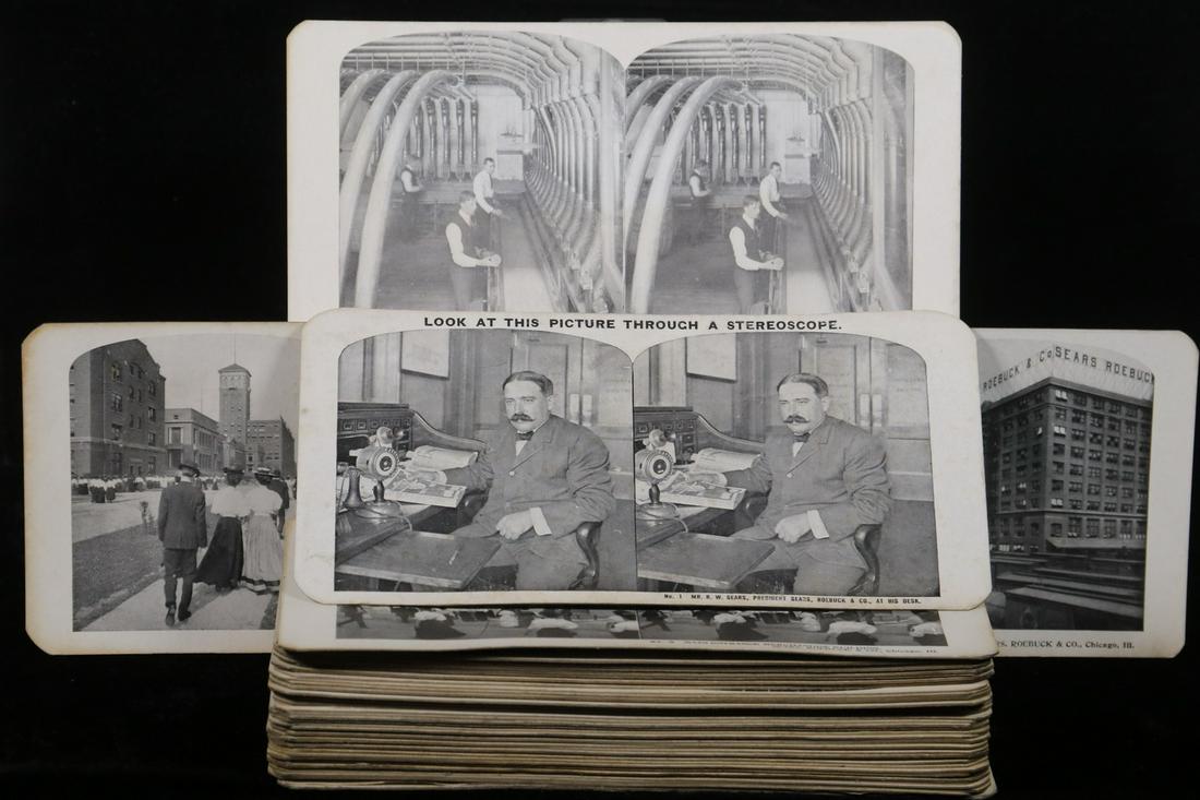 SCARCE (50 CARD SET) CA. 1905 SEARS & ROEBUCK COMPANY: Black & White Litho Cards showing the Chicago, Illinois Headquarters Plant and all its operations, beginning with a portrait of President Richard W. Sears in his unassuming office, extending to cafete