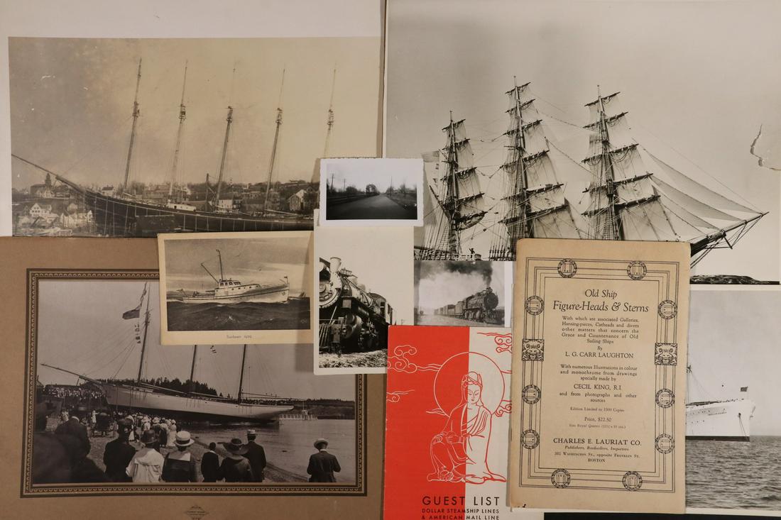 LOT OF TRANSPORTATON PHOTOS AND EPHEMERA: Including: Large photo Launching of a Three-Mast Ship in Fredericton NS ca. 1910; Large photo of Sailing Ship Diorama; 8x10 photos of Ship Paintings; Large photo of the Five-Mast Schooner "Governor Am