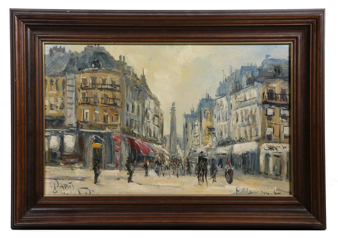 ANTOINE BLANCHARD (FRANCE, C. 1910 - 1988): Parisian Street Scene, oil on board, signed lower right, in red walnut molded frame with gilt liner, OS: 16 1/2" x 23 1/2", SS: 11 1/4" x 18 1/4". Good condition.