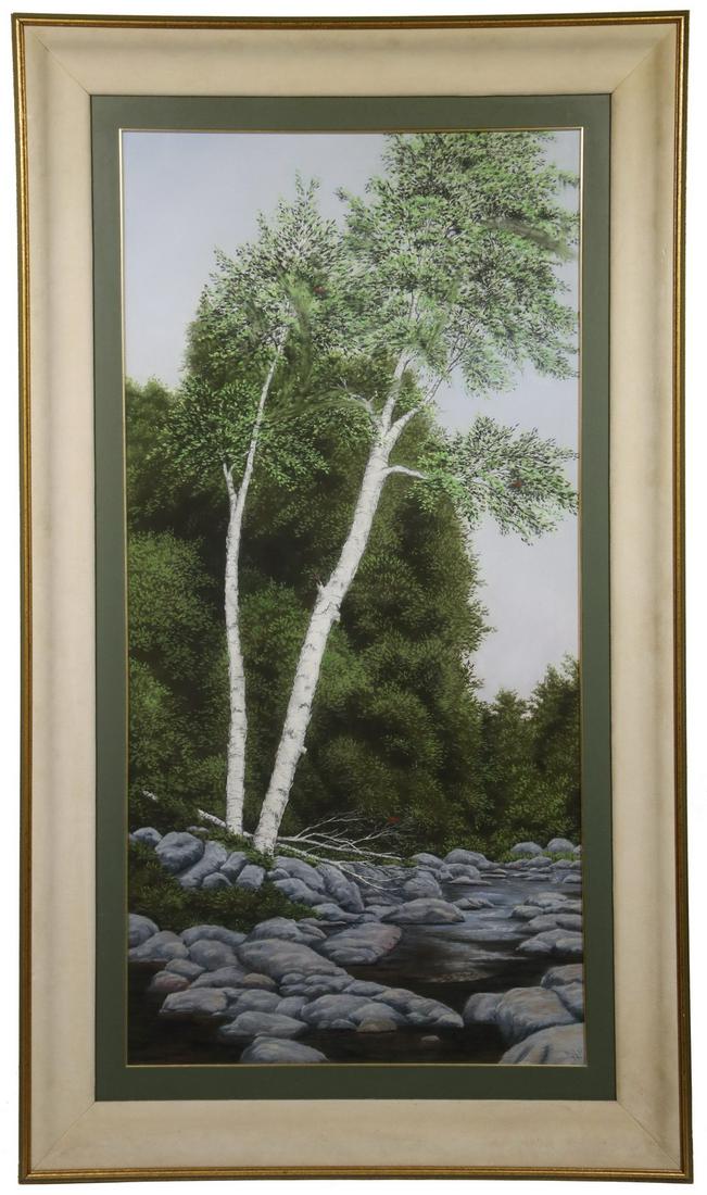 ANTHONY J. PETCHKIS (MA/CT, 1955 - ): White Birch at Rocky Stream, pastel on paper, initialed lower right, dated '92, in a white suede cove frame with gold and green edge and lining, glazed, OS: 52 1/2" x 30 1/2", SS: 43" x 21". Good cond