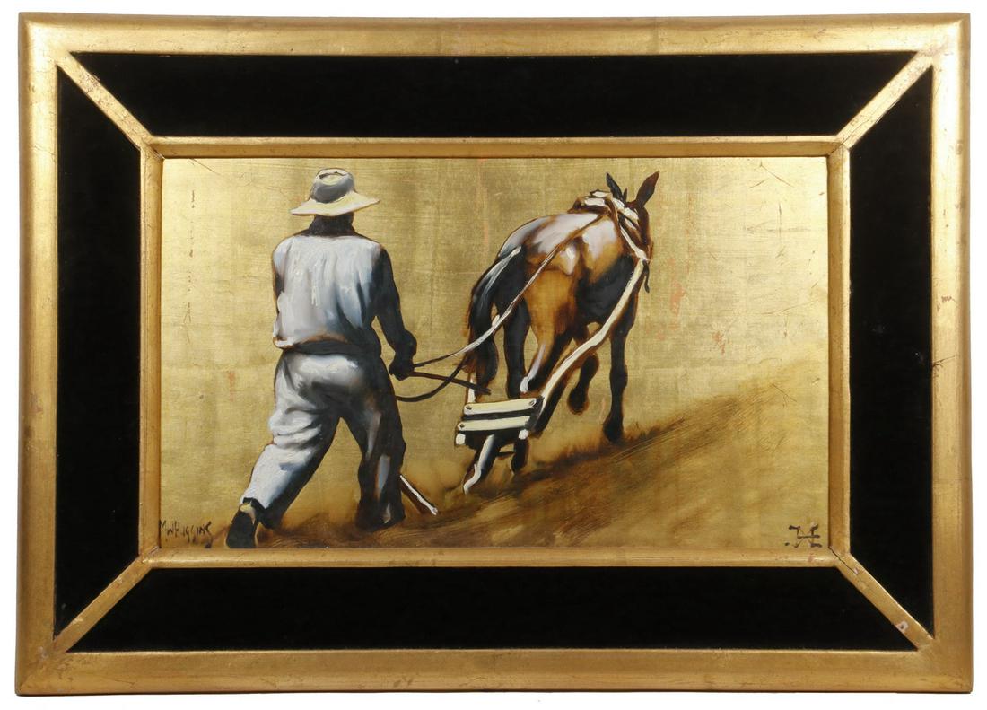 MICHAEL W. HUGGINS (AMERICAN, 1927- ?): "What's the Horses Name?", oil and gold leaf on masonite, signed lower left, with monogram lower right, depicting a man with a horse-drawn plow, gift inscription verso dated Oct 1962, in gilt and blac