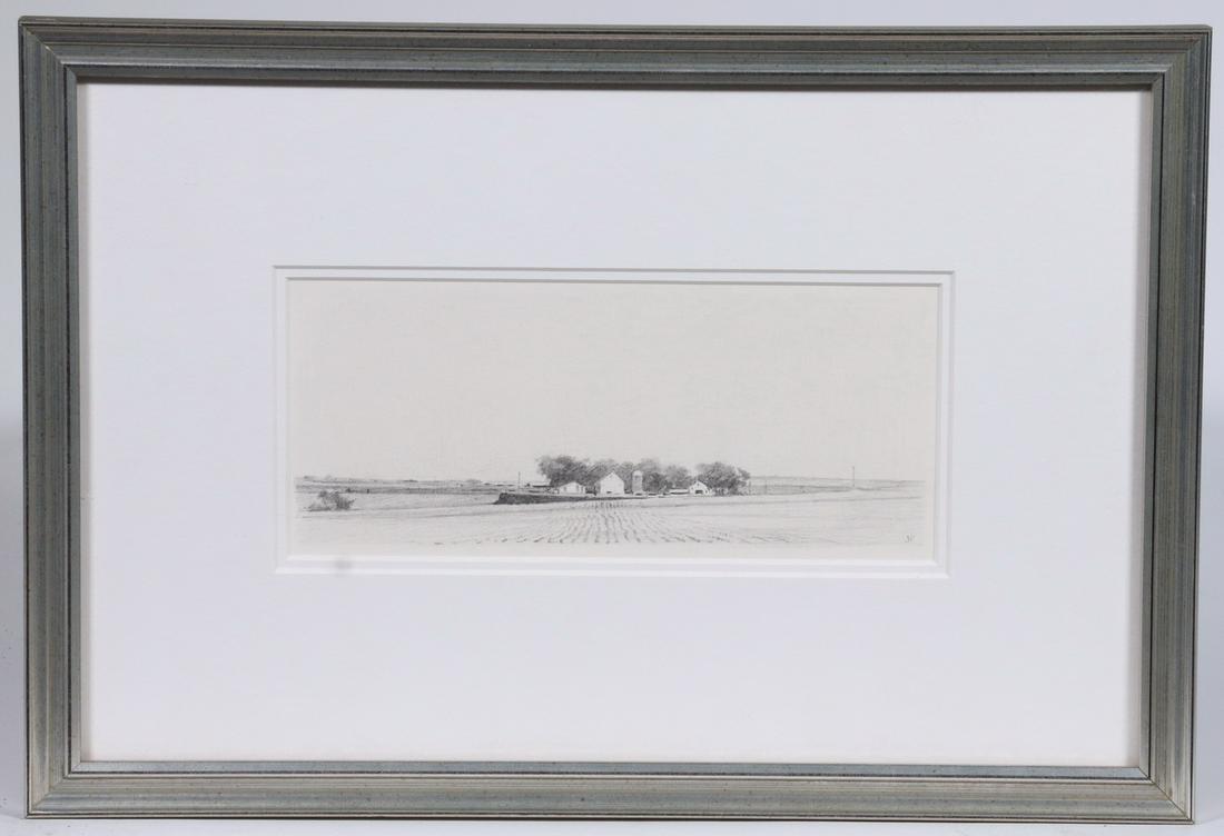 CONTEMPORARY IOWA ARTIST JANELLE P.: Iowa Farm, graphite on paper, initialed "J.P." lower right, inscribed verso "To Carolyn and Carl, from Iowa with love, Janelle and George", in a silver molded stick frame, matted under UV plexi, OS: 9