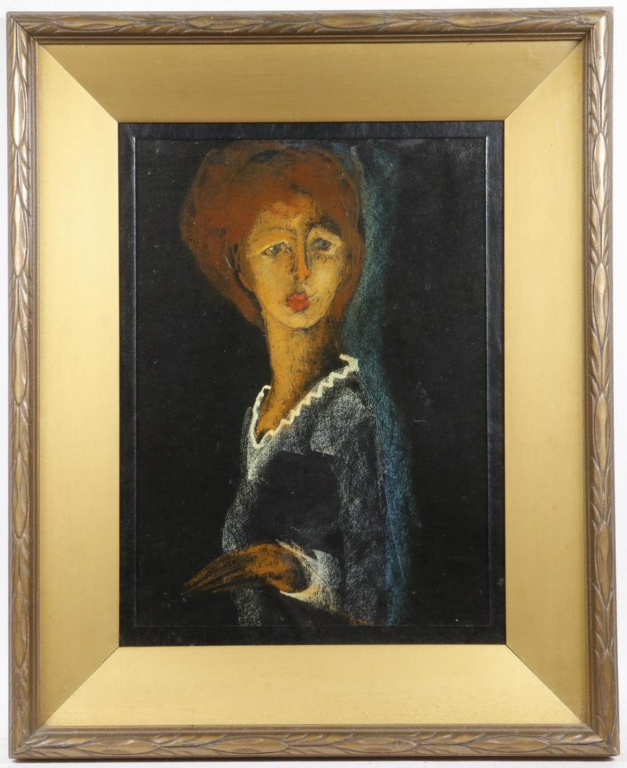 ARTIST UNKNOWN, 1930S: Portrait of a Concerned Woman, oil pastels on black board with scribed cartooning, unsigned, in a gold painted frame with mitered shadowbox, OS: 21 1/2" x 17 1/2", SS: 14" x 10 1/2". Good condition.