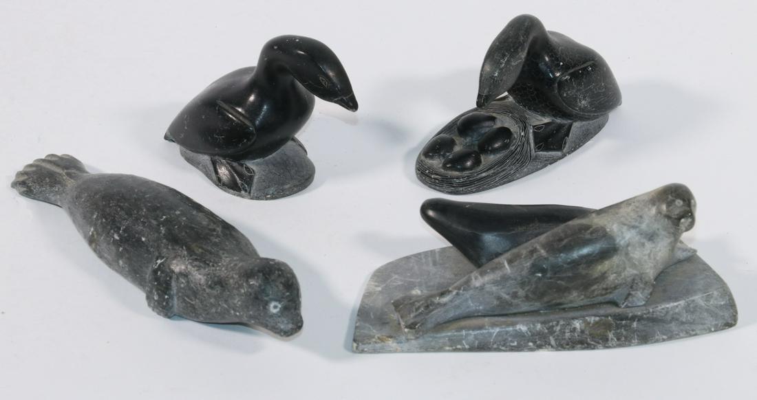 (4) INUIT STONE SCULPTURES: Group of (4) Inuit Soapstone Carvings, incl: Pauloosie Enuaraq (Kangiqtugaapik, 1911-1977), two resting seals, signed on base 'Pauloosie, E5-310', 2 1/4" high, 5 1/4" x 2 1/2"; (2) Duck sculptures by 