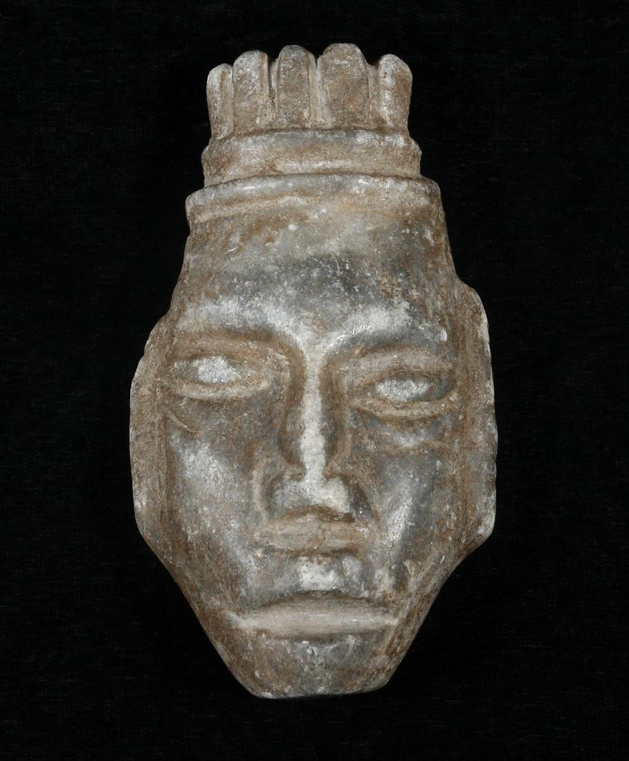 SOAPSTONE TAINO MASK OFFERING: Taino, Greater Antilles, Zemi Mask, Pre-Columbian ritual fetish, 4 1/4" tall. Worn.
