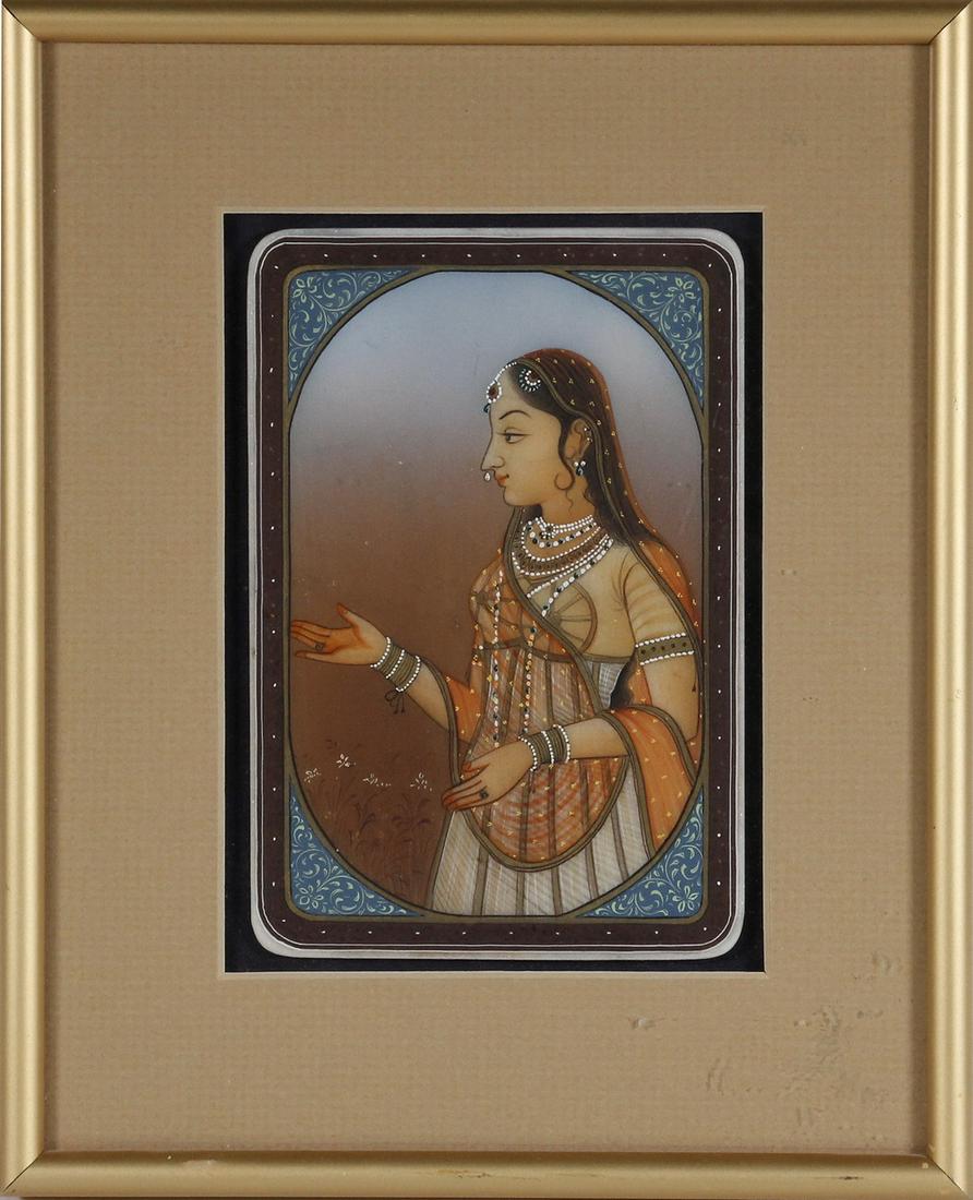 MUGHAL STYLE PORTRAIT OF A WOMAN: Three-Quarter Length Profile Portrait of a Beauty, in enamel on marble, in the 18th c. manner, with gold detailing, in a gold metal frame, matted and glazed, OS: 9 1/2" x 7 3/.4", image size: 5 3/4" x