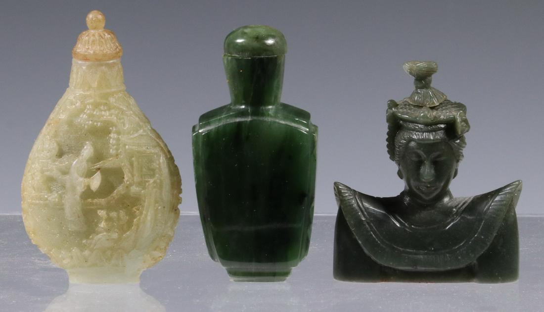(3) CHINESE JADE SNUFF BOTTLES: Late 19th to early 20th c. Bottles with caps: Dark Green Bust Figure of a Courtesan with headdress and shoulder mantle, 2 1/2" tall; PLUS Black and Green Striated Keystone form with molded edge, 2 3/4