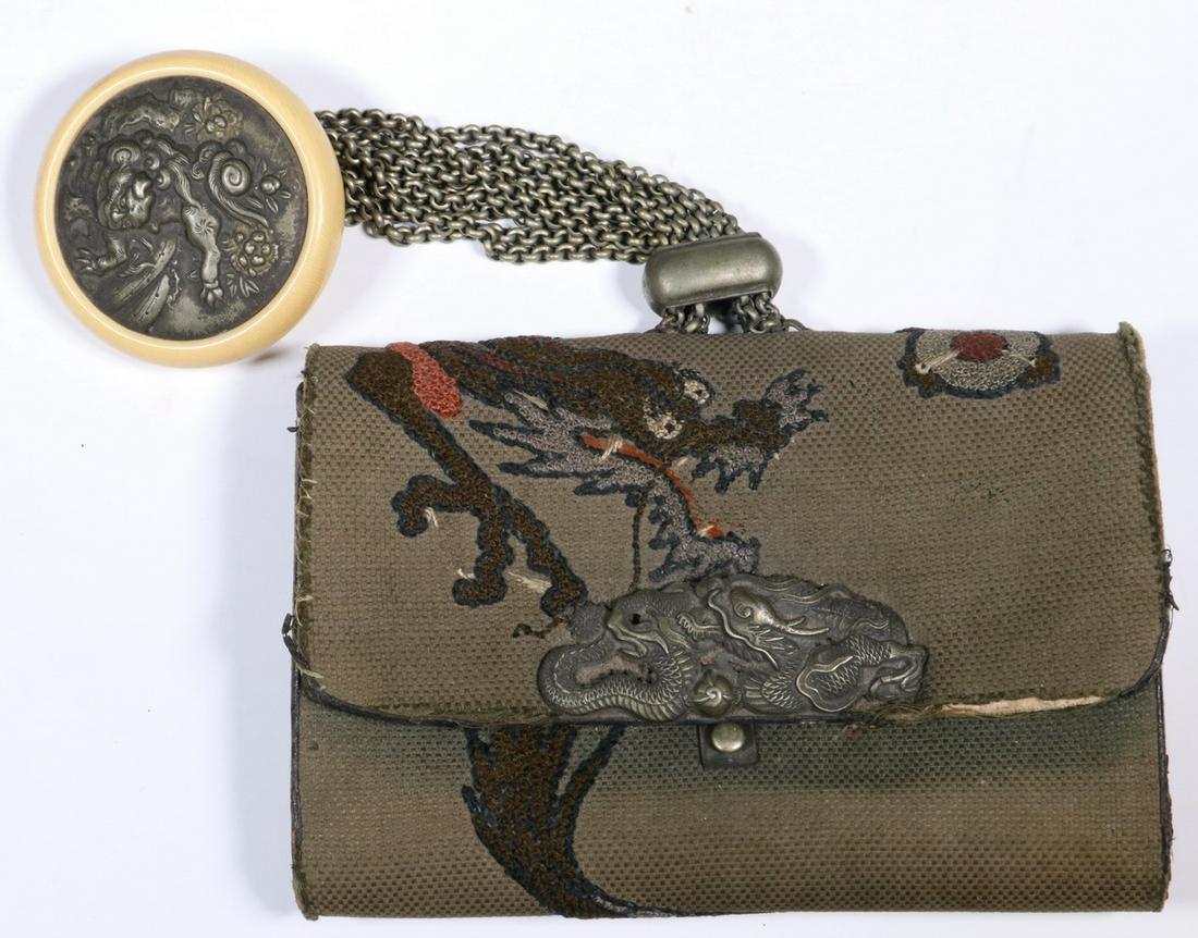 19TH C. TRADITIONAL JAPANESE GENT'S WALLET: Japanese Meiji Period (circa 1890) Embroidered Cotton, painted suede lined Polychrome Purse with writhing dragon, silver clasp of writhing dragon, the inside is double pouched with silver clasp. The s
