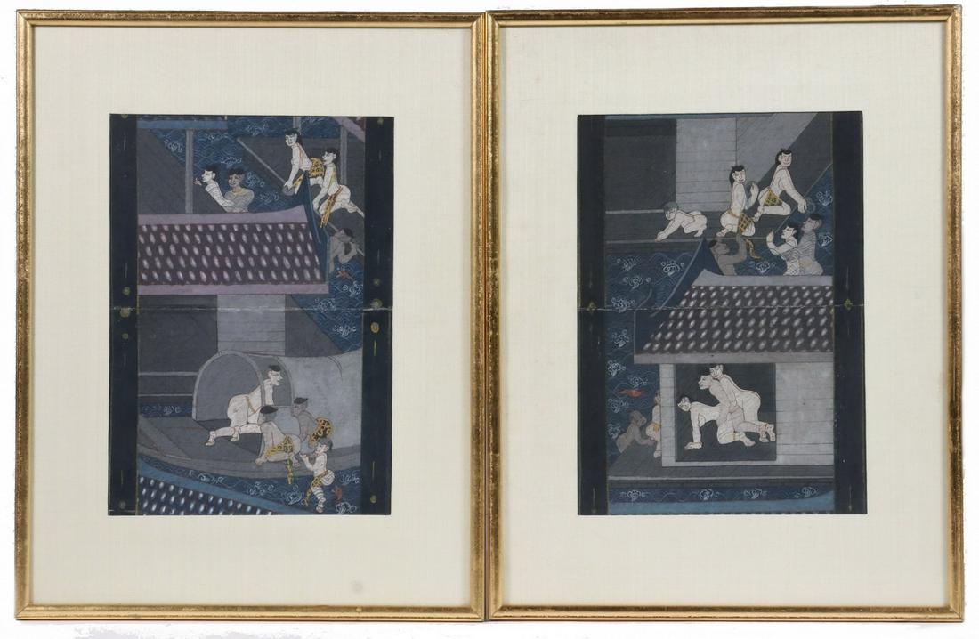PR OF FRAMED THAI EROTIC PAINTINGS: 20th c. multi-scene Erotic Painting set in building complex, gouache on paper with gold leaf detailing, in gilt stick frames, matted and glazed, OS: 16 1/2" x 12 1/2", SS: 10 1/2" x 7 1/2". Fine condi