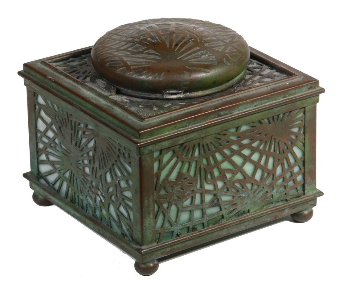 TIFFANY STUDIOS 'PINE NEEDLE' INKWELL: Tiffany Studios Bronze Mounted Art Glass 'Pine Needle' Pattern Inkwell, c. 1900, marked 'Tiffany Studios, New York, 844', green slag glass, bronze with verdigris patinated surface, with original clear
