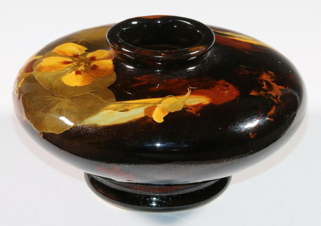 WELLER AURELIAN POTTERY VASE: Early 20th c. Weller Aurelian Art Pottery Low Vase, with hand painted yellow pansy decoration, base impressed "17" and inscribed "Aurelian Weller, K", 3" high, 5 1/2" diam. Tiny top rim glaze flake, o