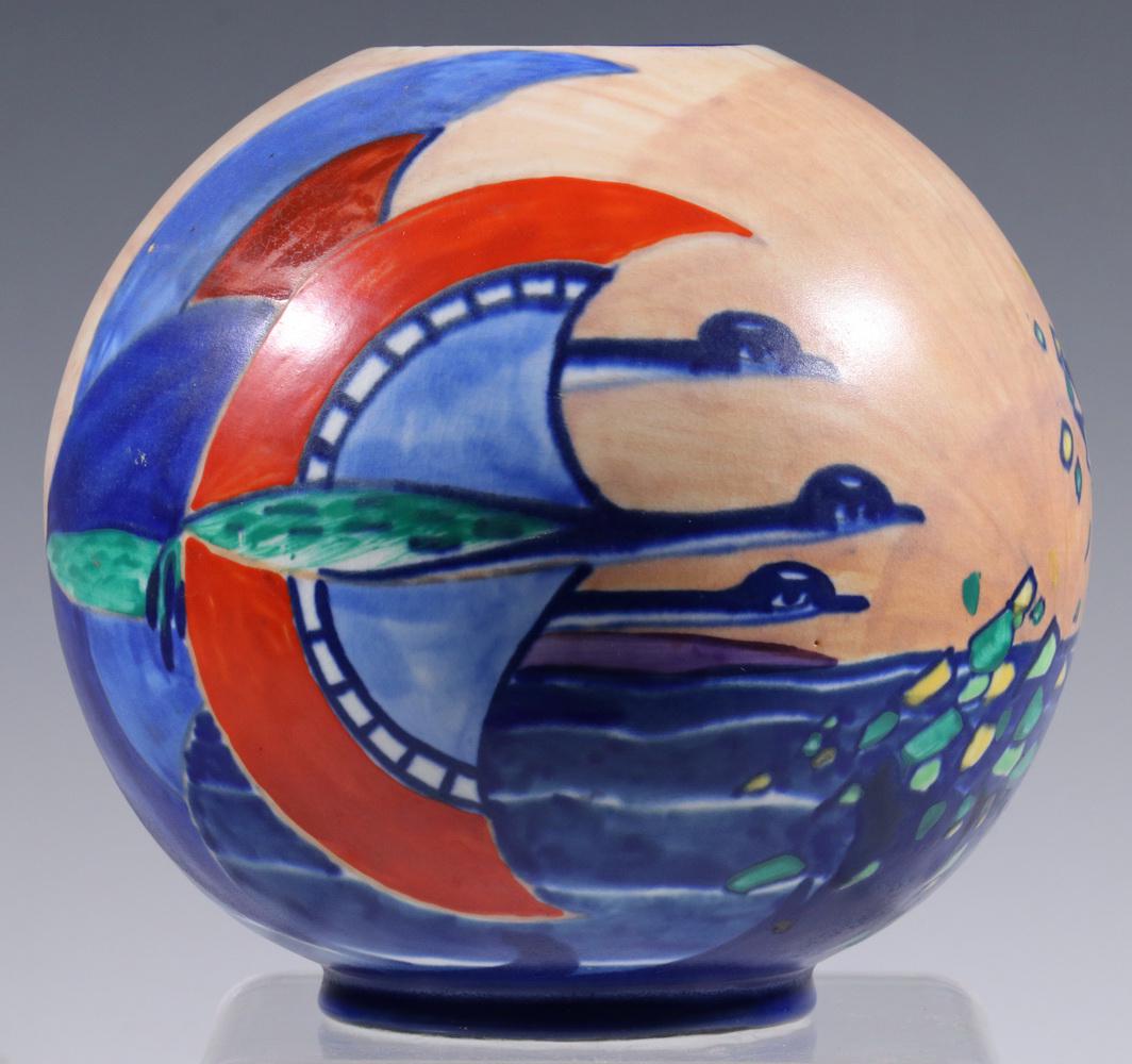 ROYAL STAFFORDSHIRE POTTERY "TAHITI FOAM" VASE, ARTIST: Circa 1920s English Hand Painted Spherical Art Deco Pottery Vase by A. J. Wilkinson Royal Staffordshire, Tahiti Foam pattern, signed 'Butler' (for artist John Butler), with bold, brightly painted bird