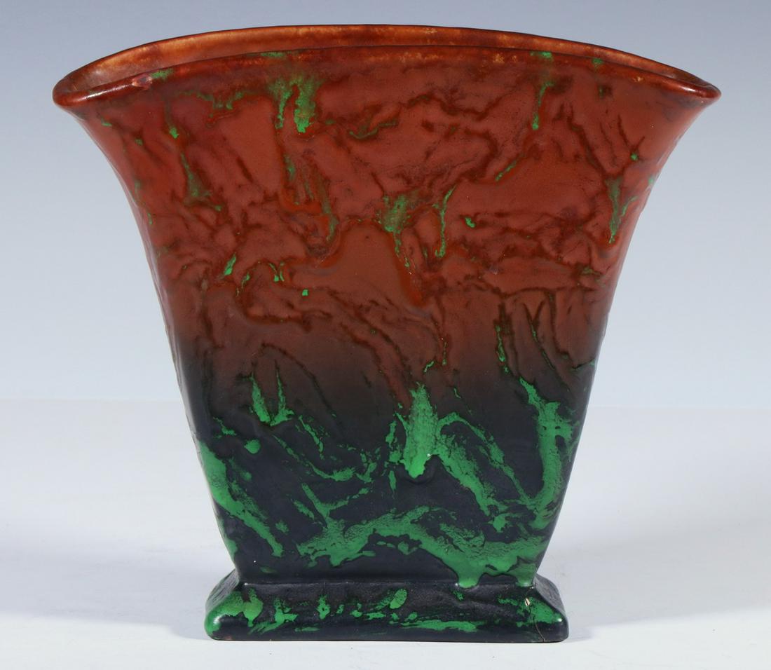 WELLER POTTERY GREORA FAN VASE: Art Pottery Fan Form Vase from Weller's Greora Line, with thick textured coppery brown and green glaze, rectangular base, marked JB on base, 8 1/2" high, 9 1/4" x 2 1/2". Repaired break to base corner