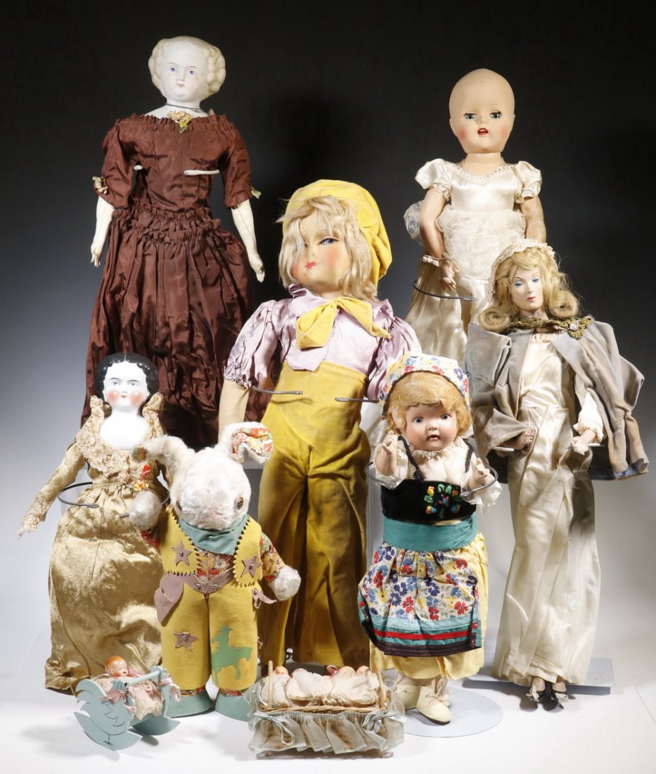 (26) MISC 1900S-1930S DOLLS IN (3) TRAYS: Including: (2) German Porcelain Head, 16" & 22", (2) Boudoir Dolls, Rabbit in Tophat Doll, Large Italian Ethnic, Sweet Sarah, Crib with (5) Celluloid Babies, Rocker with Celluloid Baby, (12) Small Eth