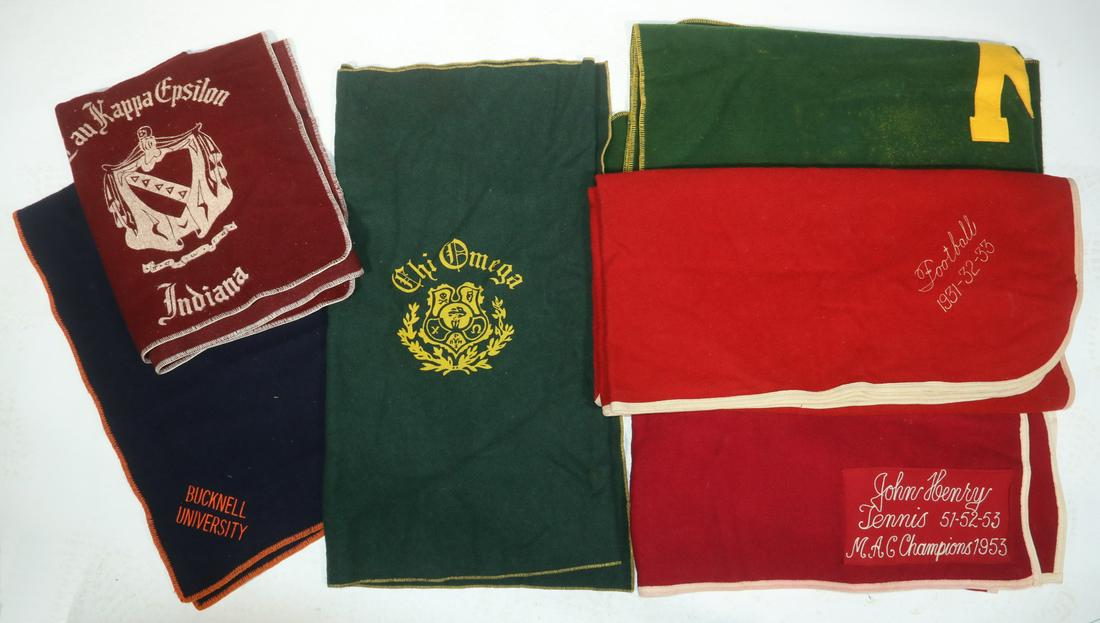 (7) VINTAGE COLLEGE STADIUM BLANKETS: All wool, with applied letters, embroidered ownership, unless noted, including: MSU gold on green 'M'; PLUS Miami white 'M' on red, "Football 1931-332-33"; PLUS Miami "John Henry Tennis 51-52-53, MAC