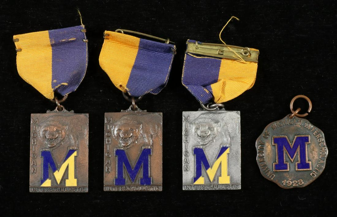 (4) UNIVERSITY OF MICHIGAN INTERSCHOLASTIC MEDALS, 1929: Pole Vault, Outdoor, 1929, 2nd Prize, sterling silver; PLUS Pole Vault, Outdoor Track, 1930, 4th place; PLUS Pole Vault, Indoor Track, 1929, 4th place; PLUS Pole Vault, 1928, no ribbon.