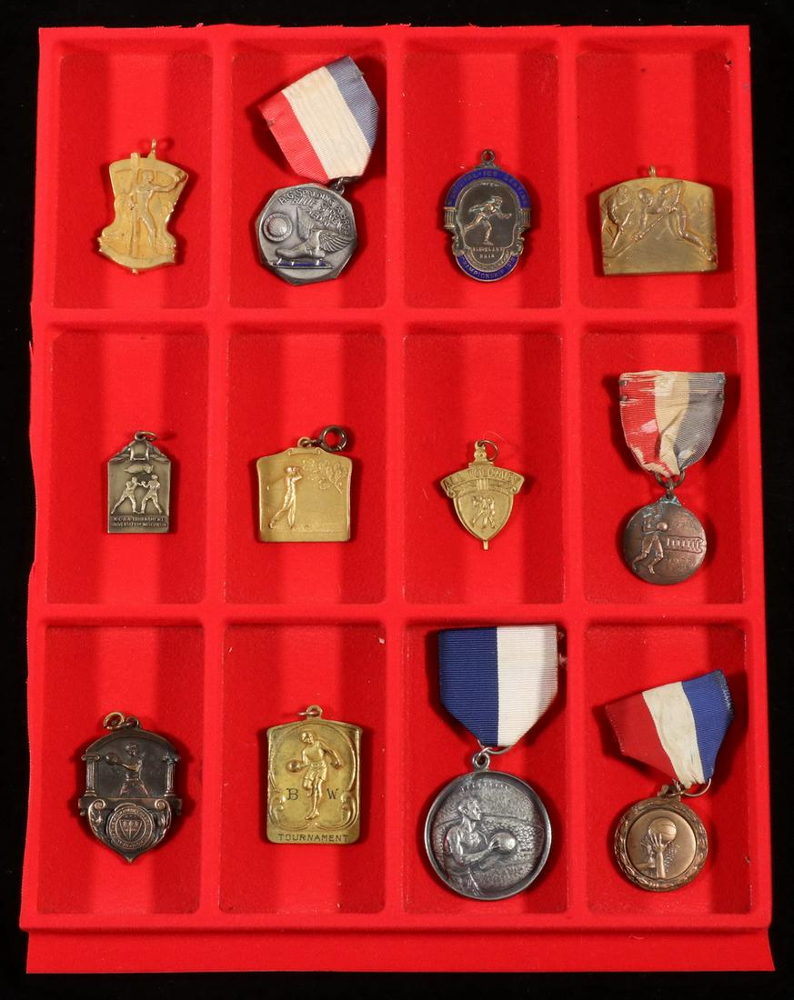 (12) COLLEGE & TOWN ATHLETIC MEDALS: Including: Unmarked gold-plated and brass Rowing Crew, no ribbon; "A.G. Spalding & Bros. Blue Streak Skating Medal", undated, enameled silver-plate, with ribbon; "Municipal Ice Skating Championship 19
