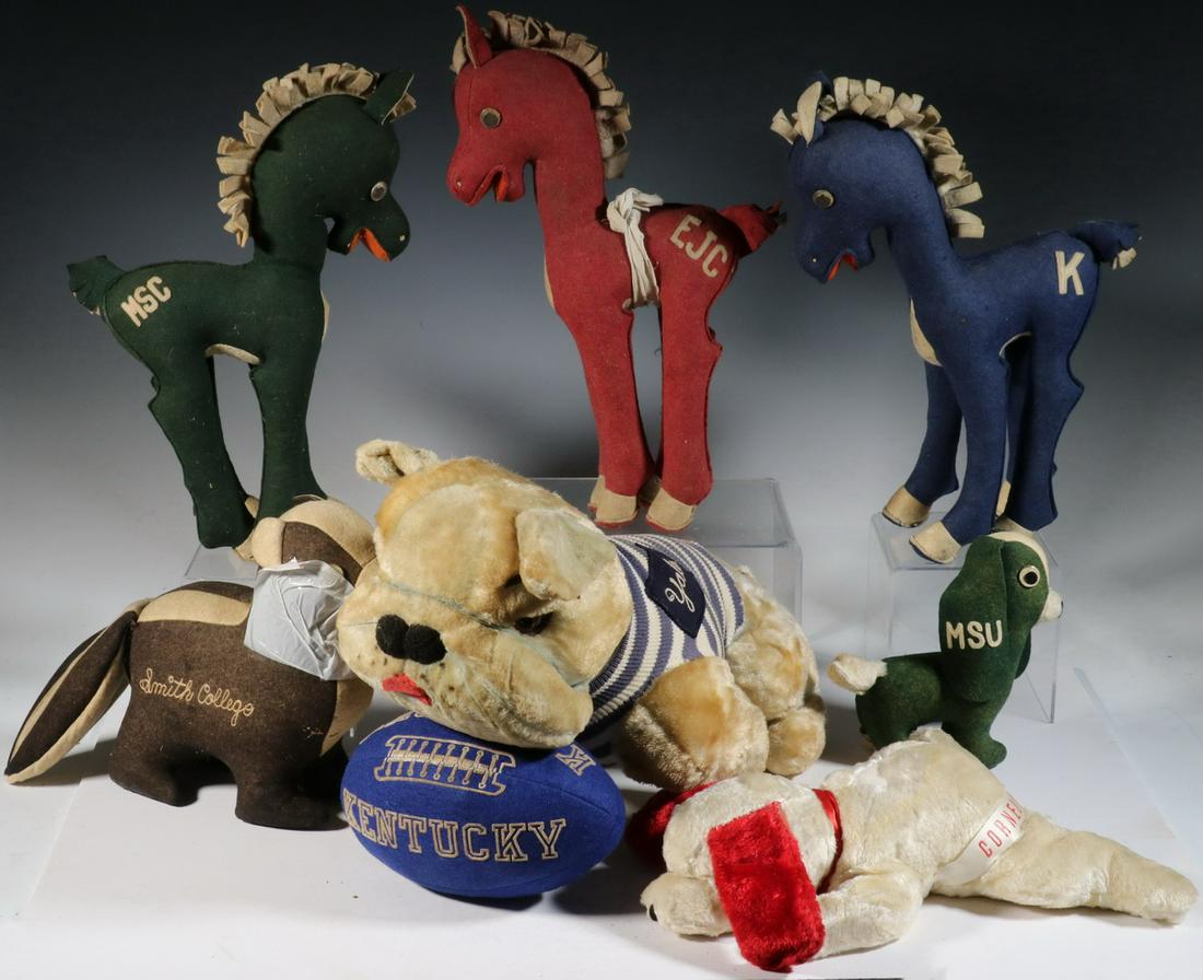 1940S-50S COLLEGIATE (7) STUFFED ANIMALS & A FOOTBALL: Including: Blue Horse for Kentucky; Green Horse for Michigan State College; Red Horse for EJC; Brown Skunk from Smith College (some holes); Small Green Dog from Michigan State; White & Red Dog from Co