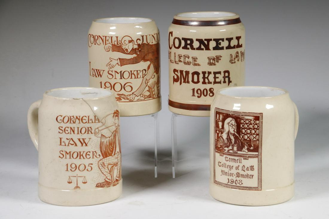 (4) EARLY CORNELL LAW SCHOOL STONEWARE BEER MUGS: German Transferware Mugs decorated with comic figures for "Cornell Senior Law Smoker, 1905" (cracked); "Cornell Junior Law Smoker, 1906"; Cornell College of Law Smoker, 1908" & Cornell College of Law,