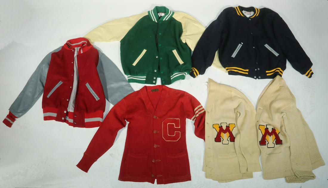 (3) EARLY LETTER SWEATERS & (3) LETTER JACKETS: Including: 1920's Cornell Red Sweater; (2) 1930s VMI (Virginia Military Institute) Natural Wool Sweater; Plus Blue & Gold Jacket, size 44, by Keystone Custom, all wool; Green & White by same maker, sa