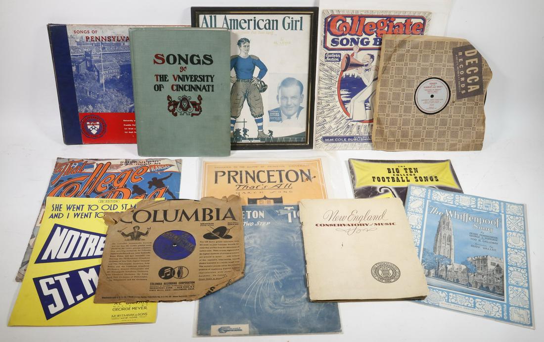 (APPROX 30 PCS) EARLY COLLEGIATE SHEET MUSIC, SONG: Great period graphics, 1920s-40s, rare 78 rpms.