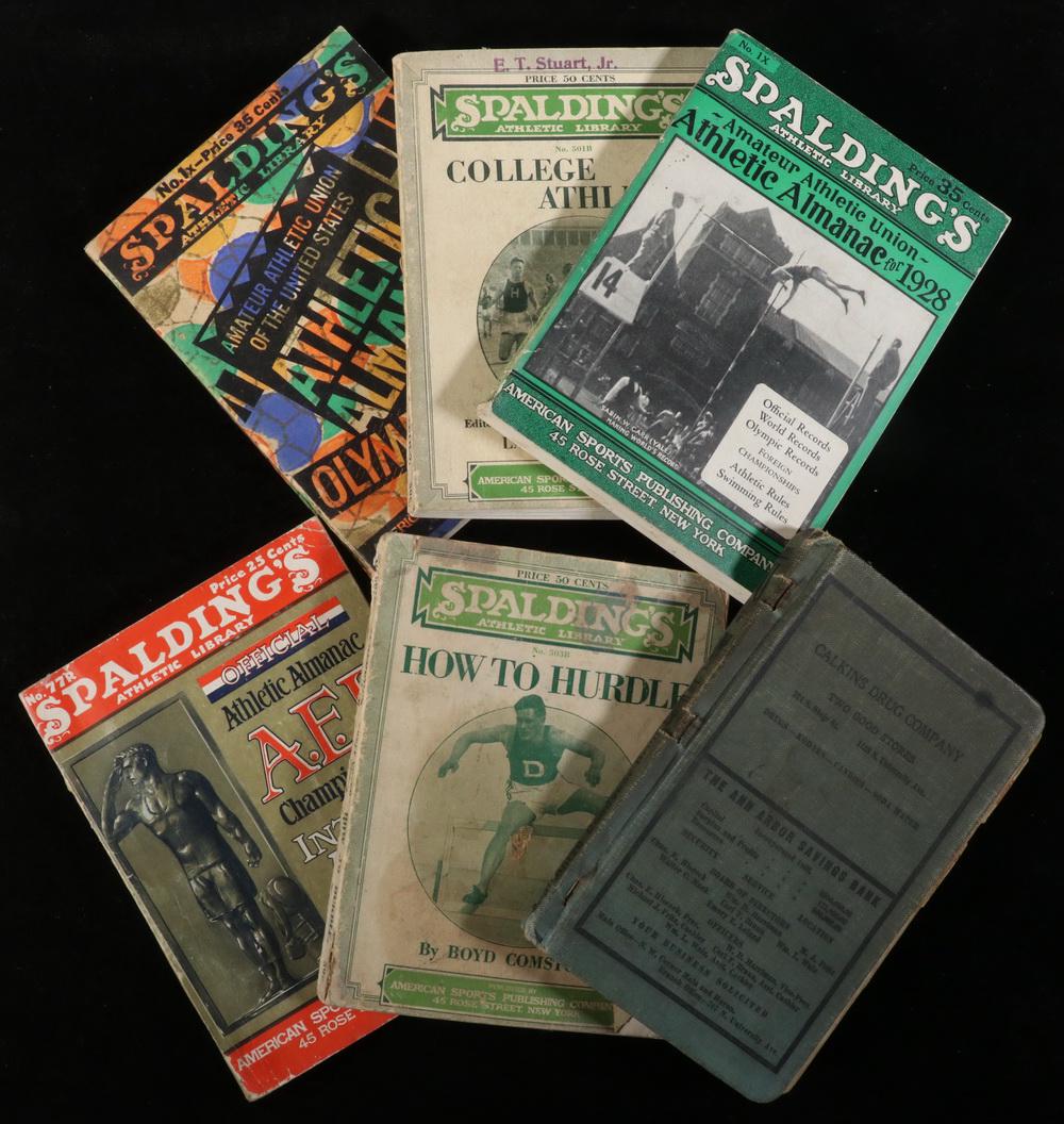 (5) VINTAGE SPALDING ATHLETIC ALMANACS & 1916-17 U OF M: Including: Spalding's Official Athletic Almanac AEF Championships and Inter-Allied Games, 1919; Spalding Athletic Almanac, Olympic Games, 1929; Spalding's College Athletics, 1925; Spalding's Athletic 