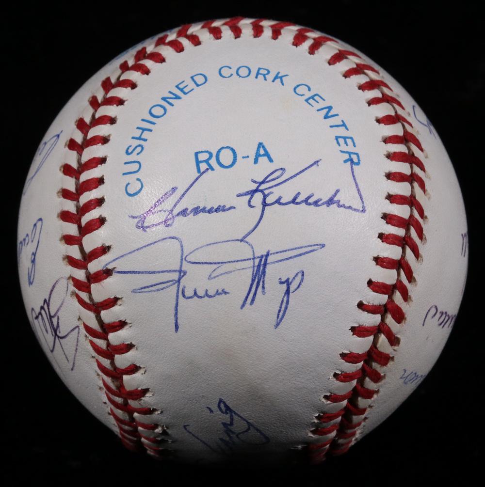 SIGNED RAWLINGS AL: (12) ALL STARS IN BLUE BALLPOINT: Willie Mays, Hank Aaron, Stan Musial, Whitey Ford, Ernie Banks, Harmon Killebrew, Bob Doerr, Luis Aparicio, Luke Appling, George Kell, Earl Weaver, Lee(?) Lopez signed Rawlings American League basebal