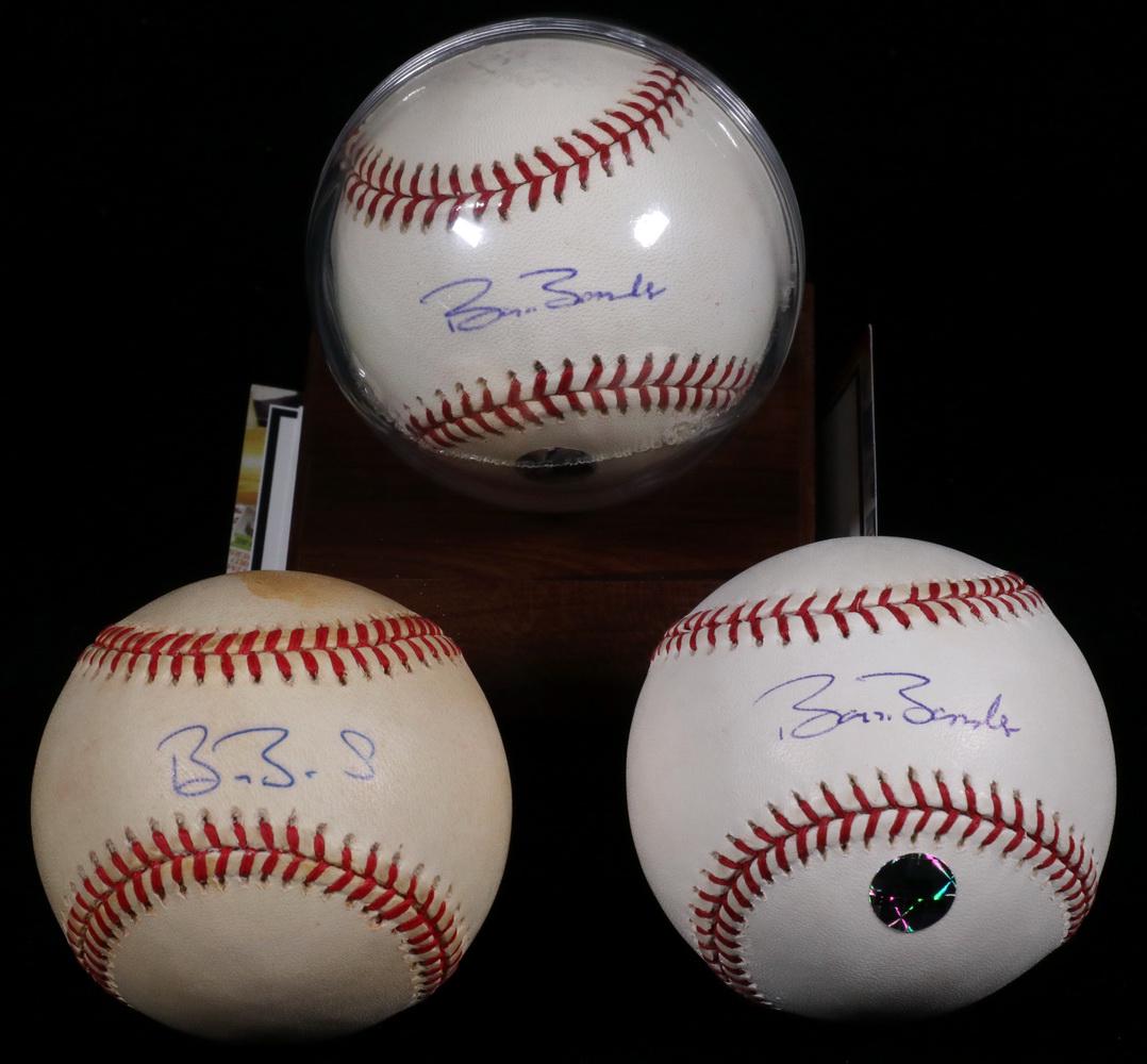 (3) SIGNED BASEBALLS: TWO SIGNED BY BARRY BONDS, ONE: Two Barry Bonds signed Rawlings National League baseballs. One in holder. With Tri-Star COAs; PLUS one Barry Bonds initialed Rawlings National League baseball.