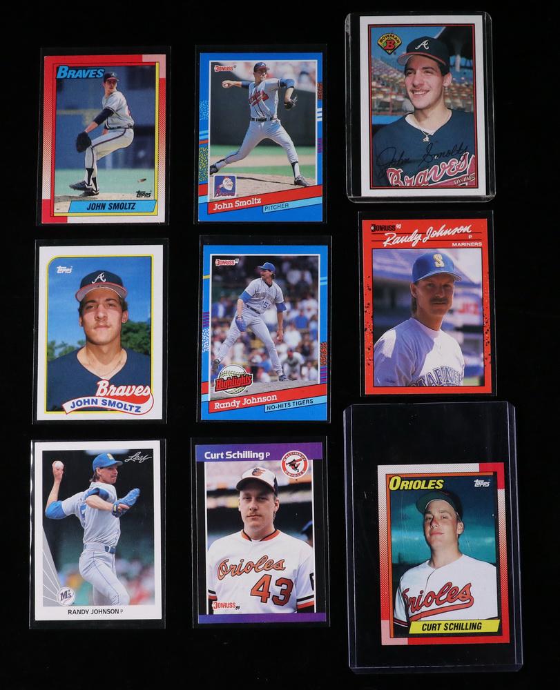 (9 ) BASEBALL CARDS: 1989 John Smoltz Bowman Rookie, 1989 Topps Rookie, 1991 Donruss and a 1990 Topps. 1990 Randy Johnson Donruss, 1991 Donruss and a 1990 Leaf. 1989 Curt Schilling Donruss Rookie and a 1990 Topps. Very go