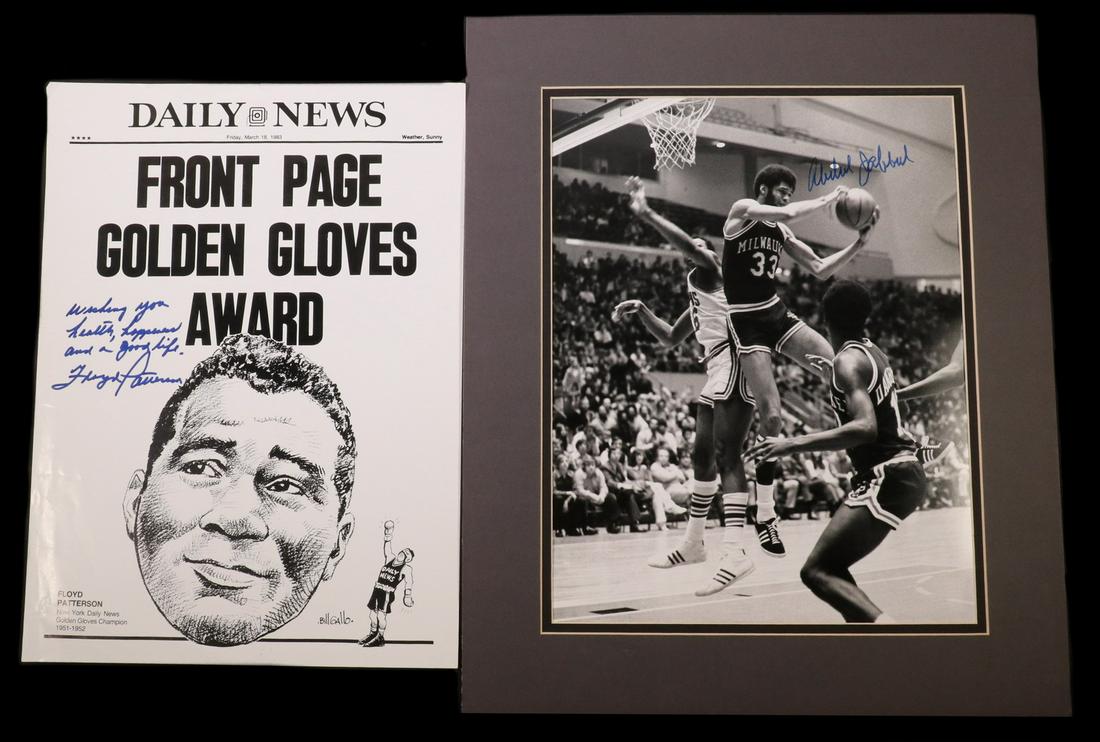 (2) SIGNED SPORTS COLLECTIBLES- PATTERSON & JABBAR: Including: Boxing Champion Floyd Patterson (1935-2006) Poster Signed; Poster reproduction of March 18, 1983 Daily News page featuring his portrait by Bill Gallo, signed "wishing you health, happiness 