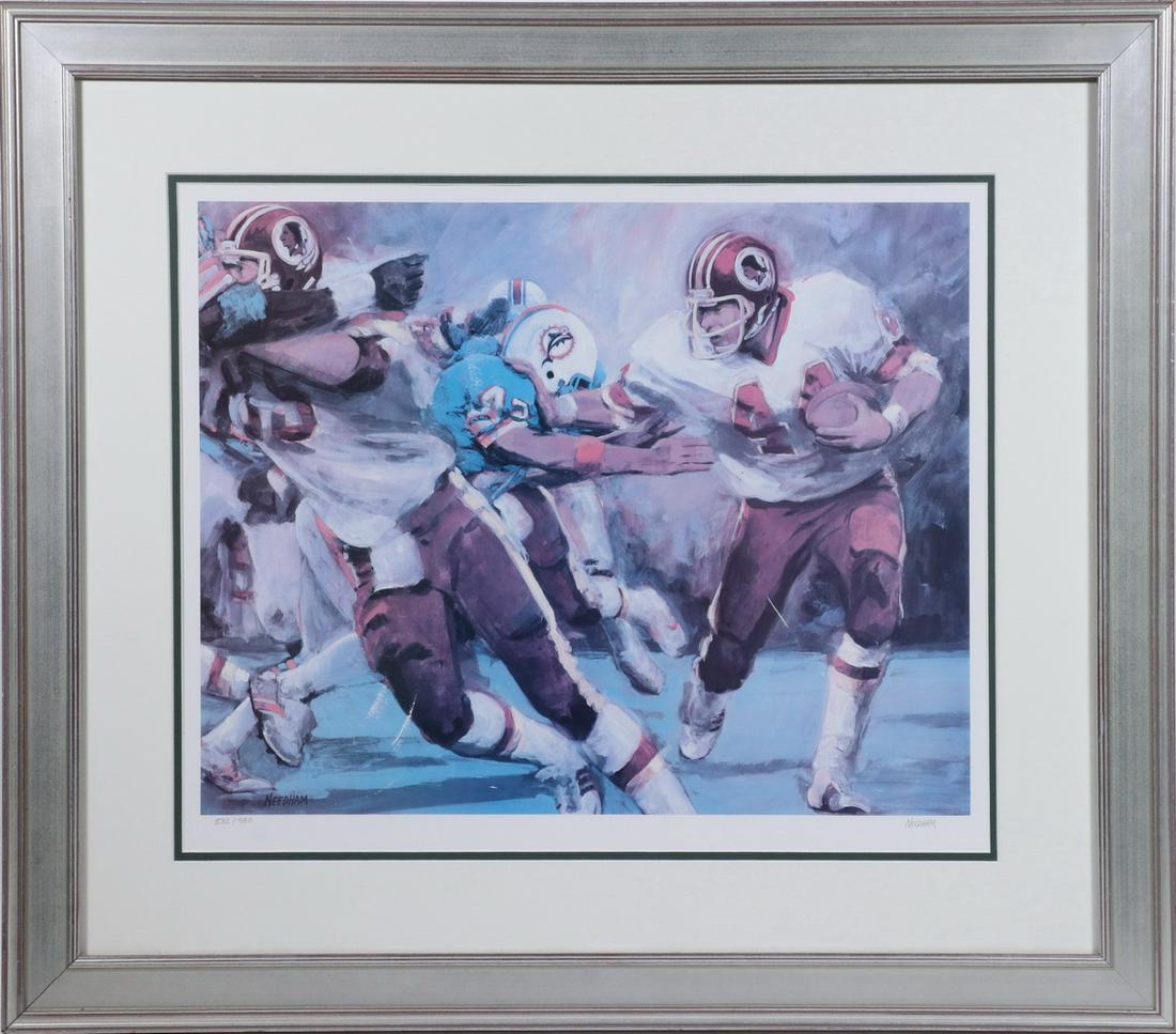 THOMAS A. NEEDHAM (US, CONTEMPORARY): "Super Sunday Run", limited edition lithograph, #532/980, pencil signed lower right, depicting a Washington Redskins vs. Miami Dolphins football game, in a silvered wooden frame with double mat, OS: 2