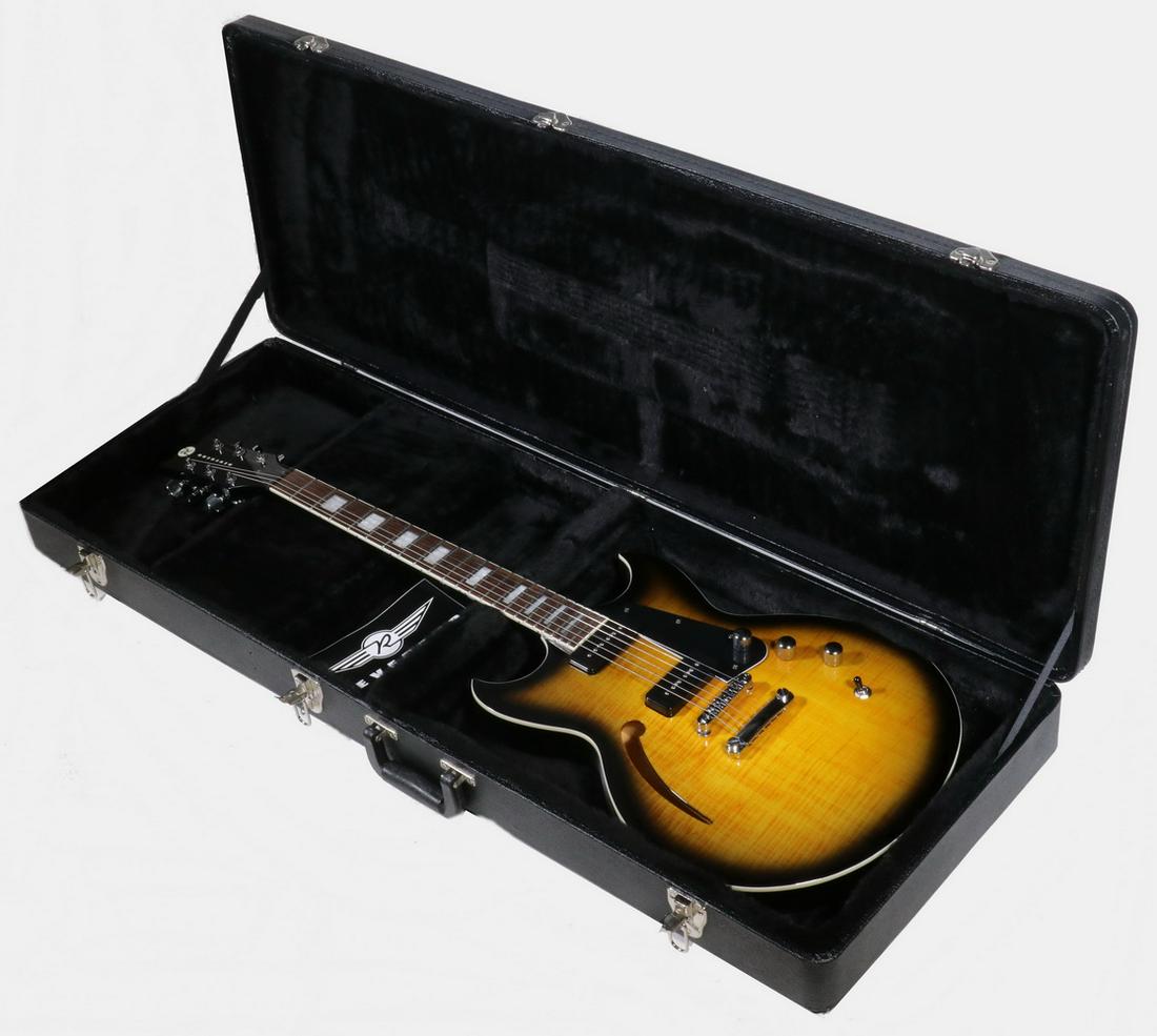 ELECTRIC GUITAR, REVEREND, MANTA RAY HB: Tobacco Burst Flame Maple/Black, white binding, s/n 18197, Semi-Hollow Korina, Solid Maple Top, HA5 bridge and neck pickups, three-piece Korina neck, ebony fingerboard with MOP insets, controls for vo