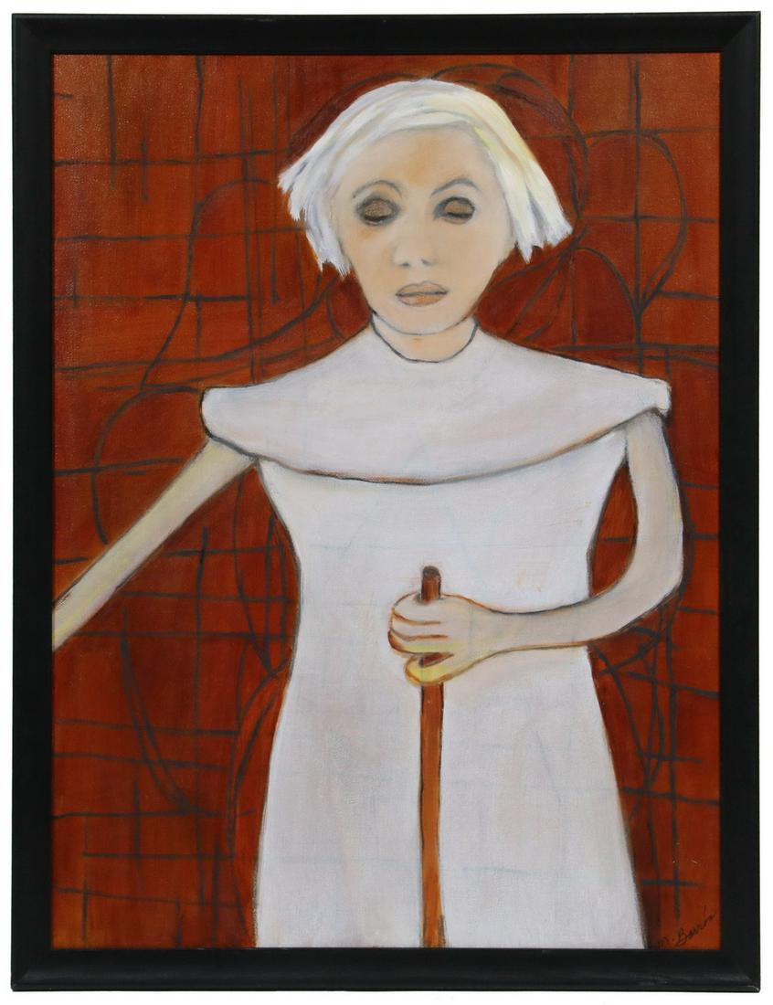 MILDRED BORRAS (CONTEMPORARY NY): Portrait of a Blind Girl, oil and charcoal on canvas, signed lower right, in black frame, OS: 25 3/4" x 19 3/4", SS: 23 1/2" x 17 1/2". Good condition. Borras is a Puerto Rico native, now a licensed p
