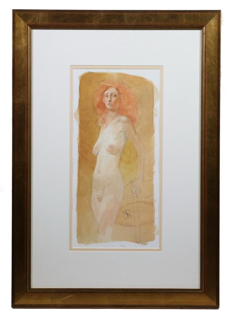 ROBERT BAXTER (CONTEMPORARY NY/CT): Red Headed Nude, watercolor on paper, initialed lower right, in a gold panel frame, matted and glazed, OS: 24 1/2" x 17 1/4", SS: 15" x 7 1/4". Fine condition.