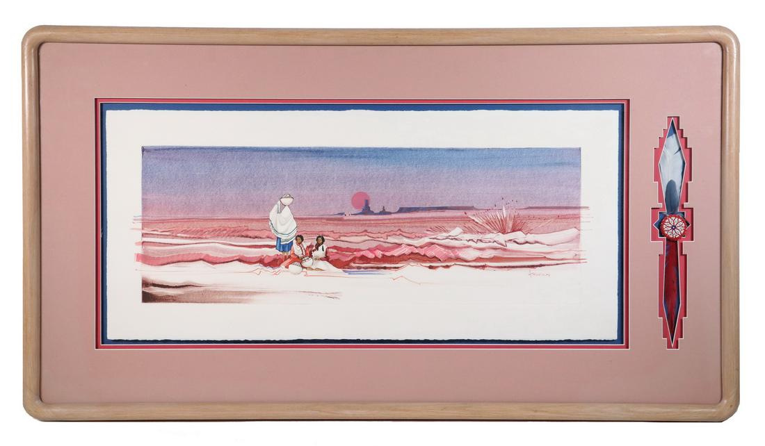 MICHAEL ATKINSON (TX, 1948 -): Three Navajo Women in Desert at Sunset, aquatint lithograph with overpainting of watercolor, signed lower right, on a deckled edge sheet floated within a three layered mat, flanked to right by knife s