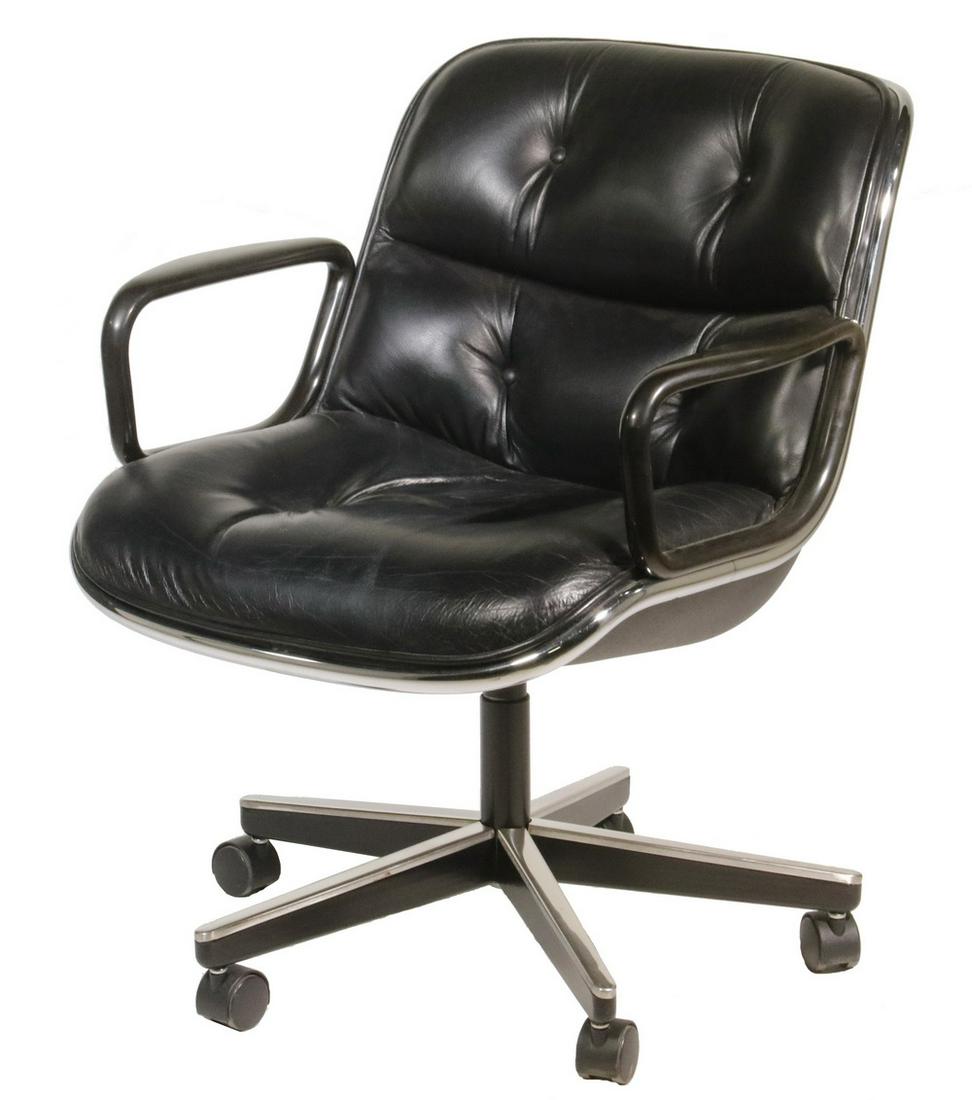CHARLES POLLACK EXECUTIVE ARMCHAIR FOR KNOLL: Vintage Black Leather and Chrome Swivel Armchair by Knoll International, designed by Charles Pollack, with button tufted seat, five star base with casters, with Knoll International label on base, from