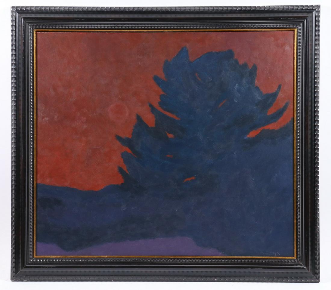 ALAN H. MCCORD (CONTEMPORARY CT): Black Trees, Red Sky, oil on board, signed lower right and dated '93, in a Dutch style frame with gold liner, OS: 25" x 28", SS: 20 1/2" x 23 1/2". Good condition.
