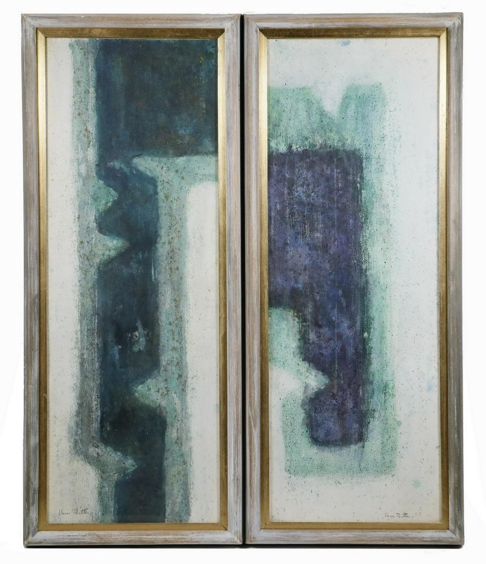 CHRIS RITTER (KS/ME/NY, 1906-1976): Abstract Diptych, watercolor on paper, each signed, housed in matching grey bullnose frames with gilt liner, glazed, OS: 32 3/4" x 13 3/4", SS: 29 1/2" x 10 1/2". Good condition.
