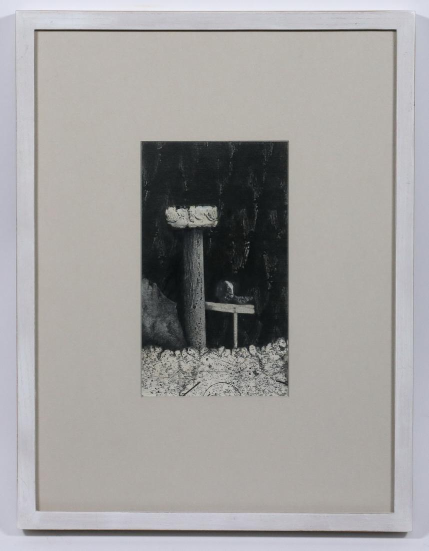 FRAMED COLLAGE DRAWING: Unsigned Contemporary Black & White Collage with ink pen and brush work, in a white painted oak box frame, matted and glazed, OS: 14" x 10 3/4", SS: 6 3/4" x 4". Fine condition.