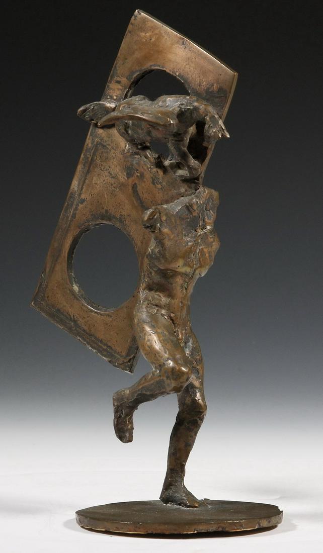 CONTEMPORARY BRONZE SCULPTURE: "Pegasus", bronze sculpture, by Jo Ellen Knight, depicting the mythical winged horse above a running male figure, on a round bronze integral base, unsigned, 10 1/8" high, 6 1/2" x 4". Good condition.